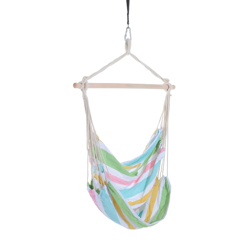 Outsunny Hanging Swing Chair, Cotton Cloth Size: 100Lx90W cm-Multi-colour stripes, white rope