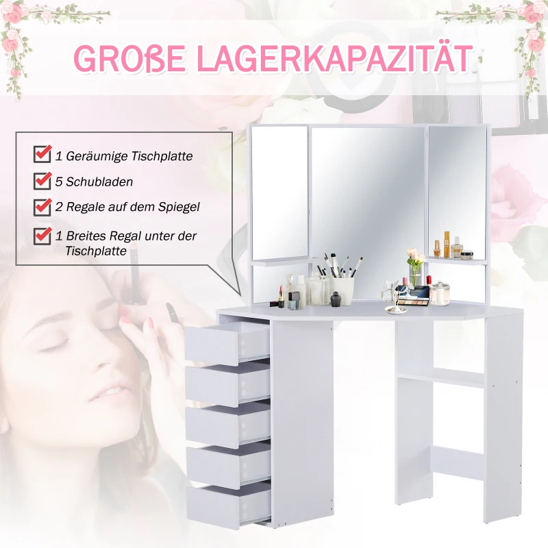 HOMCOM make-uptafel met 3 spiegels en 5 lades kaptafel