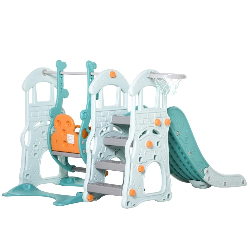 HOMCOM 3 in 1 kinderschommel kinderglijset speeltoren voor kinderen van 18 tot 48 maanden Kinderspeeltuin met basketbalring HDPE PP blauwgroen + geel 149 x 186 x 98 cm