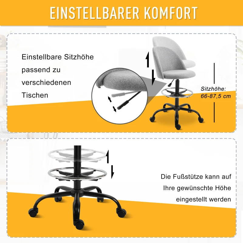 Vinsetto werkstoel, bureaustoel, ontwerpersstoel, stoel met wielen, ergonomisch design, in hoogte verstelbaar, polyester, schuimstof, nylon, kunststof, 51 x 50,5 x 117-127 cm