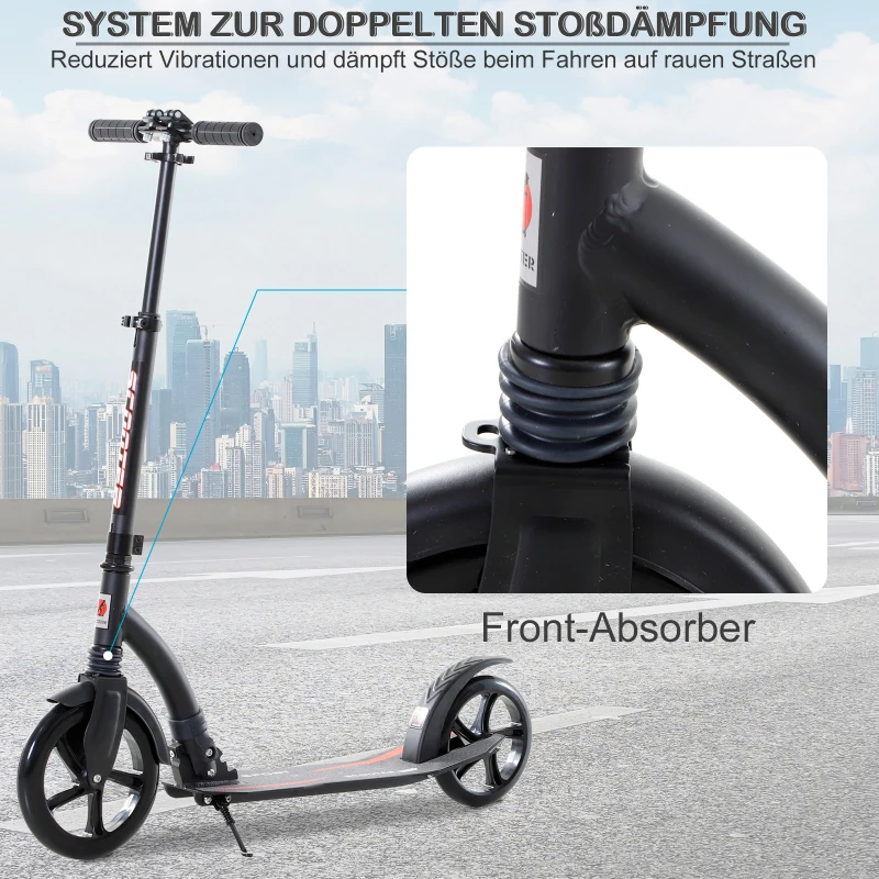 HOMCOM Kinderscooter, step met schokdemping, step, opklapbaar en in hoogte verstelbaar, vanaf 14 jaar, aluminium, zwart, 92,5 x 37,5 x 87-101,5 cm