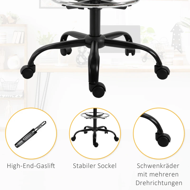 Vinsetto werkstoel, bureaustoel, ontwerpersstoel, stoel met wielen, ergonomisch design, in hoogte verstelbaar, polyester, schuimstof, nylon, kunststof, 51 x 50,5 x 117-127 cm