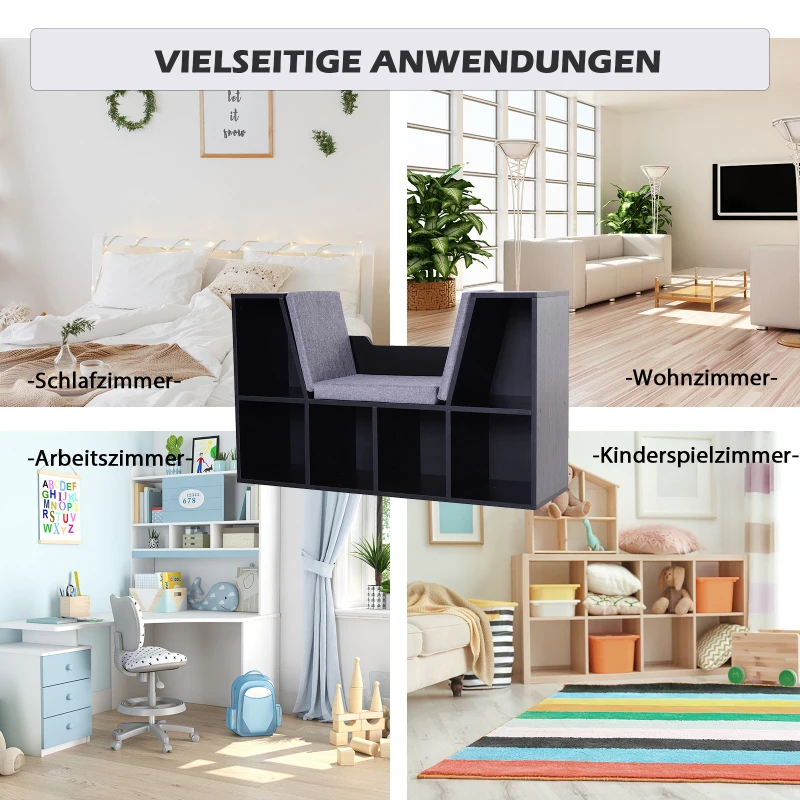 HOMCOM boekenplank met Ottomaanse bank zitbank banken & vakken met 6 opbergruimtes voor opslag zitmeubel met kussens spaanplaat schuimstof linnen zwart + grijs 102 × 30 × 61 cm