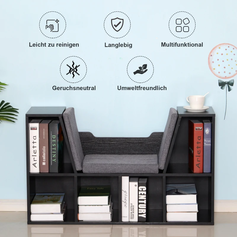 HOMCOM boekenplank met Ottomaanse bank zitbank banken & vakken met 6 opbergruimtes voor opslag zitmeubel met kussens spaanplaat schuimstof linnen zwart + grijs 102 × 30 × 61 cm