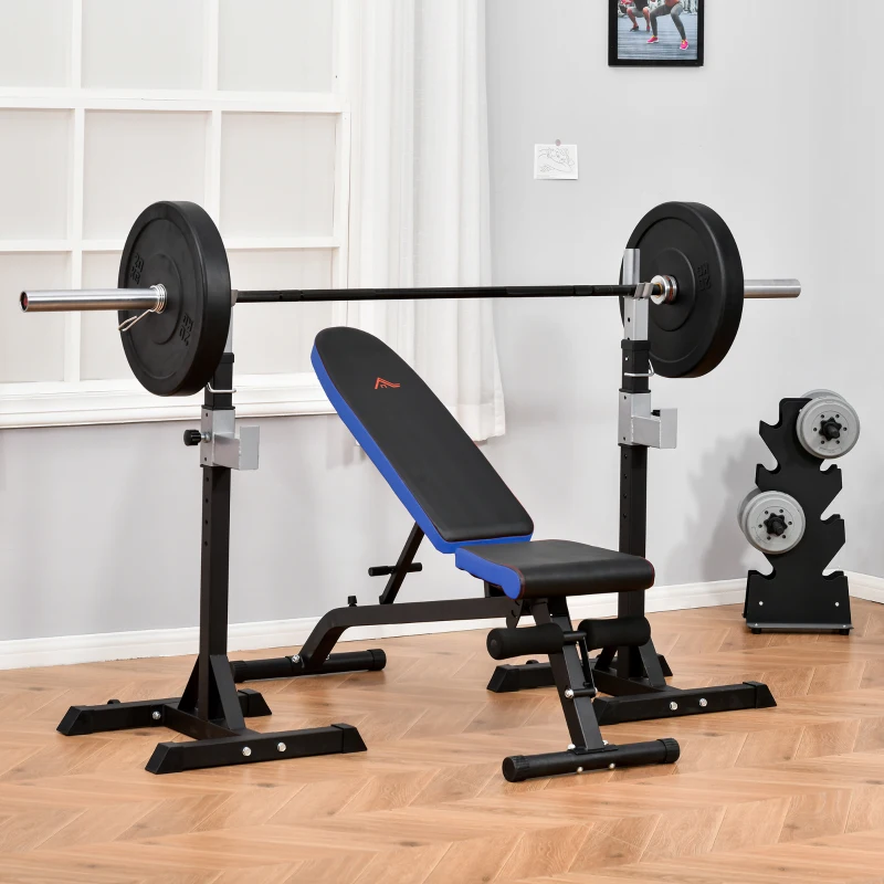 HOMCOM sit-ups buiktrainer met trainingskoorden trainingsbank voor thuis fitnessstudio multifunctioneel instelbaar & inklapbaar 110 kg draagvermogen staal zwart + blauw 142 x 46 x 50-132 cm