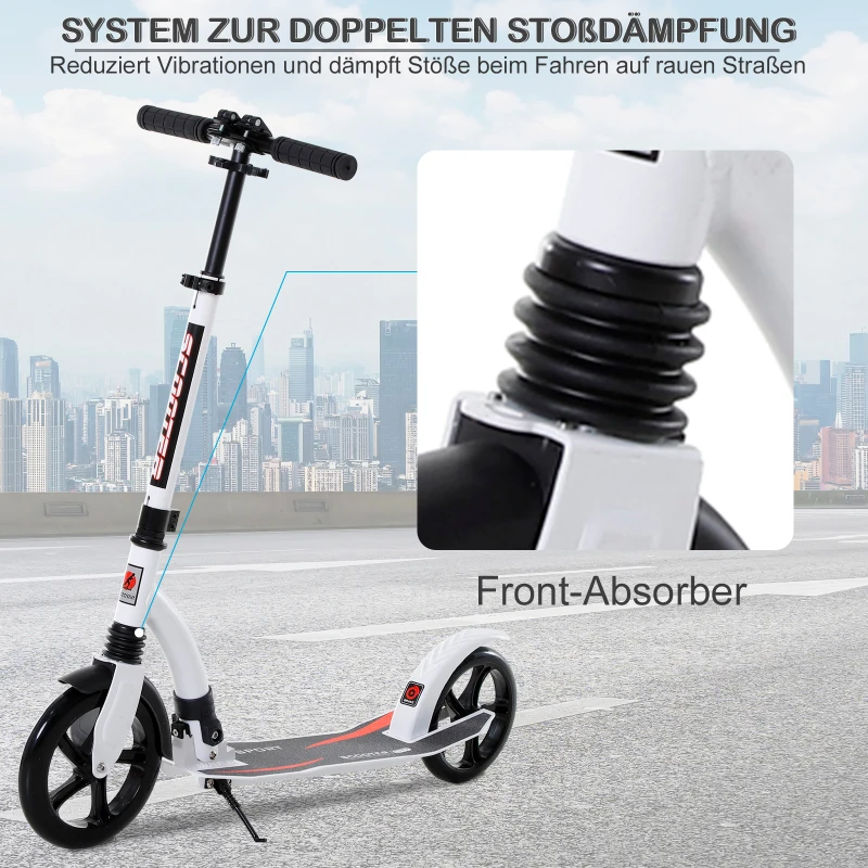 HOMCOM Kinderstep, step met schokdemping, step, opklapbaar en in hoogte verstelbaar, vanaf 14 jaar, aluminium, wit, 92,5 x 37,5 x 87-101,5 cm