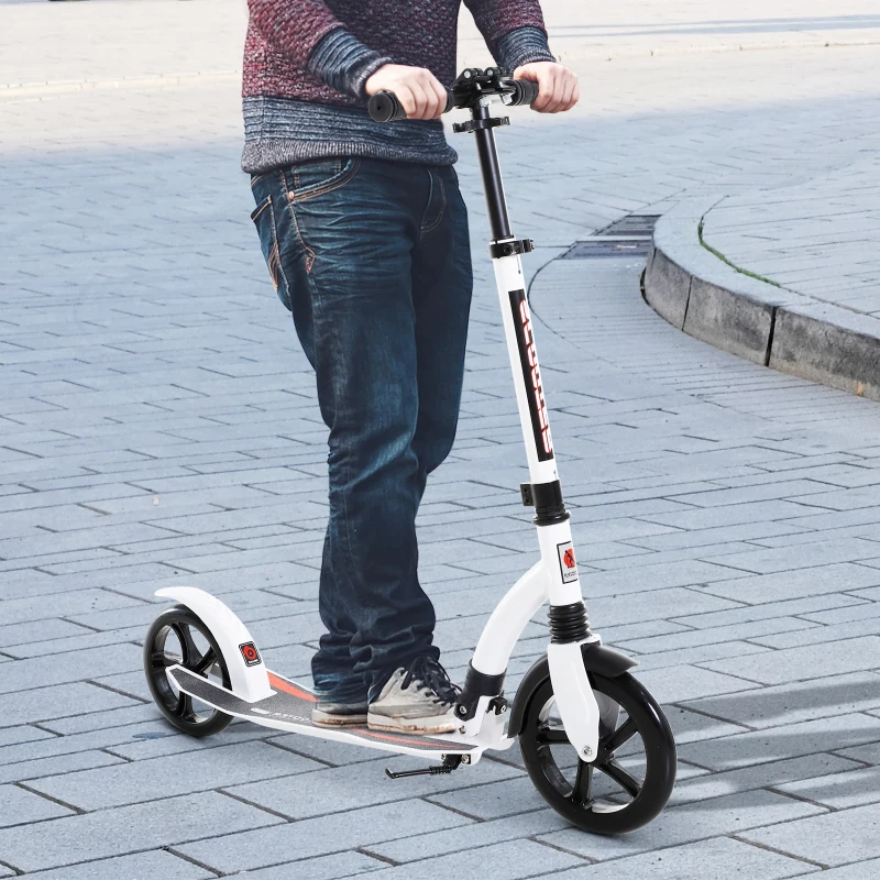 HOMCOM Kinderstep, step met schokdemping, step, opklapbaar en in hoogte verstelbaar, vanaf 14 jaar, aluminium, wit, 92,5 x 37,5 x 87-101,5 cm