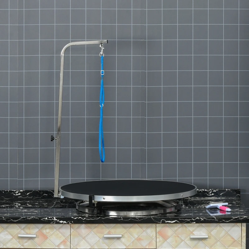 PawHut hondentrimtafel dierenverzorgingstafel draaibare droogtafel met verstelbare arm antislip tafelblad vergrendelingssysteem aluminiumlegering rand roestvrij stalen frame veiligheidslijn Ø65x 10 h