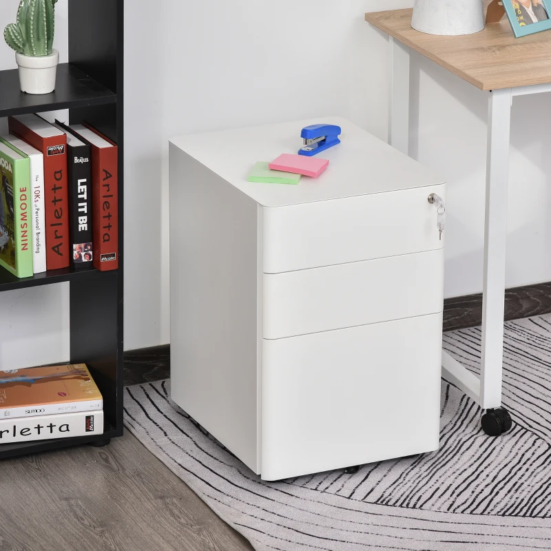 Vinsetto rolcontainer, mobiele archiefkast met 3 lades, kantoorkast, opslag, staal, wit, 39 x 48 x 59 cm