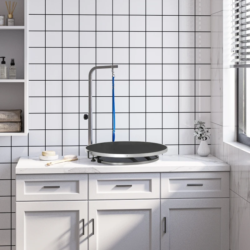 PawHut hondentrimtafel dierenverzorgingstafel draaibare droogtafel met verstelbare arm antislip tafelblad vergrendelingssysteem aluminiumlegering rand roestvrij stalen frame veiligheidslijn Ø65x 10 h