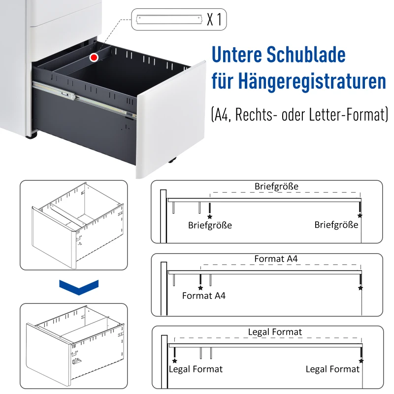 Vinsetto rolcontainer, mobiele archiefkast met 3 lades, kantoorkast, opslag, staal, wit, 39 x 48 x 59 cm