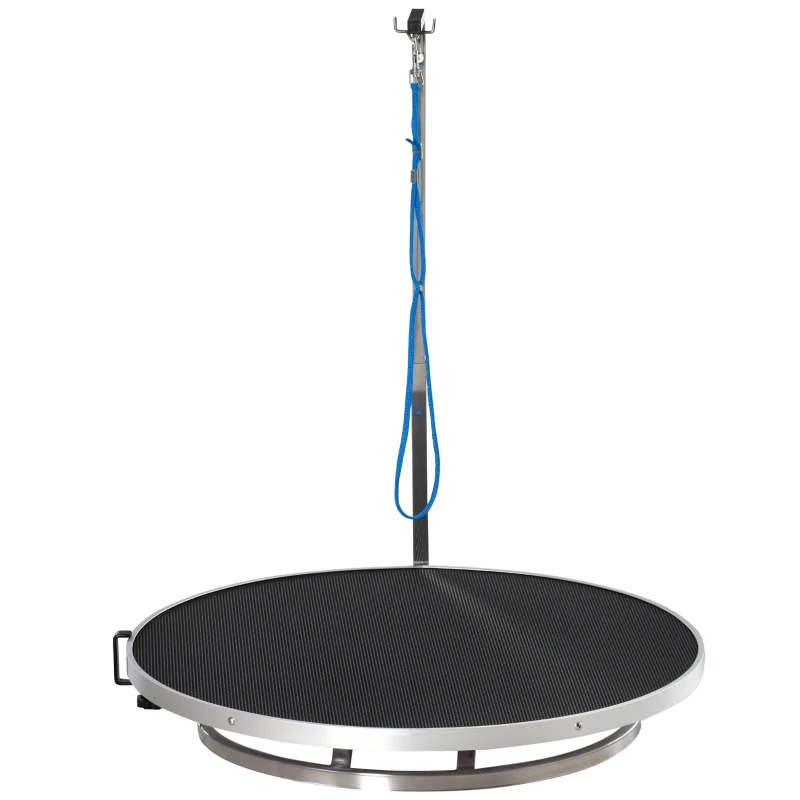 PawHut hondentrimtafel dierenverzorgingstafel draaibare droogtafel met verstelbare arm antislip tafelblad vergrendelingssysteem aluminiumlegering rand roestvrij stalen frame veiligheidslijn Ø65x 10 h