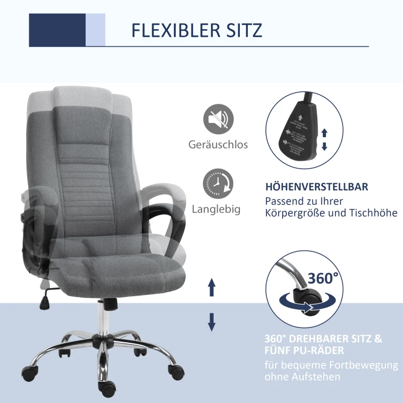 HOMCOM Moderne Ergonomische Bureaustoel met Hoge Rugleuning en Schommelfunctie in Linnentextuur Grijs