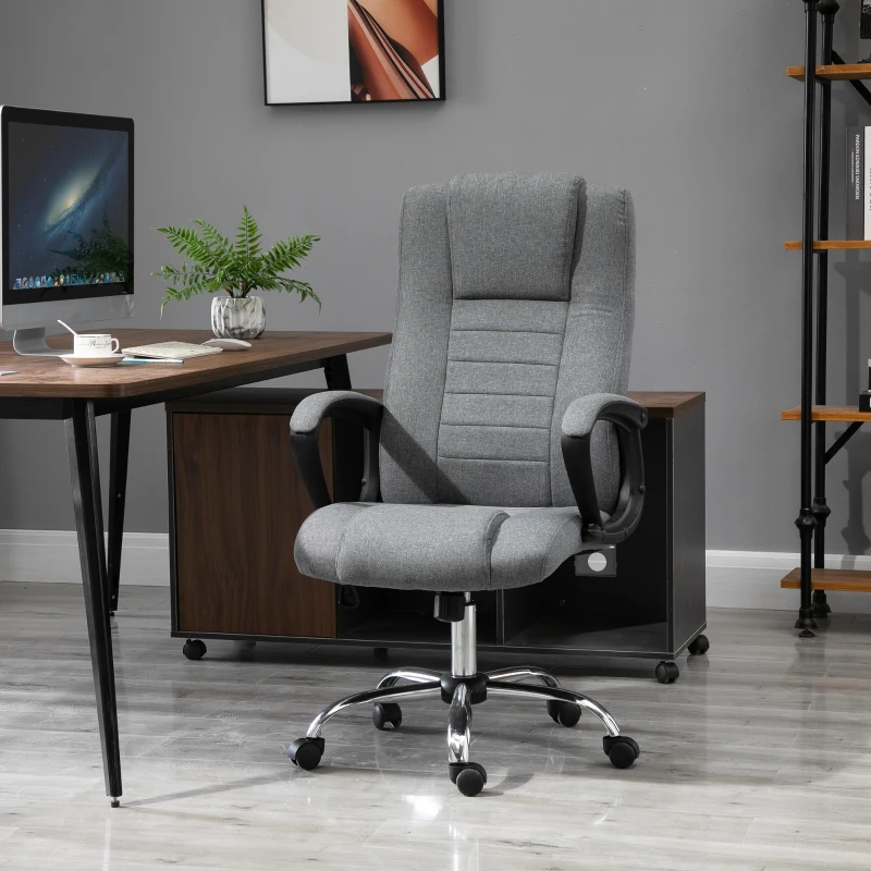 HOMCOM Moderne Ergonomische Bureaustoel met Hoge Rugleuning en Schommelfunctie in Linnentextuur Grijs