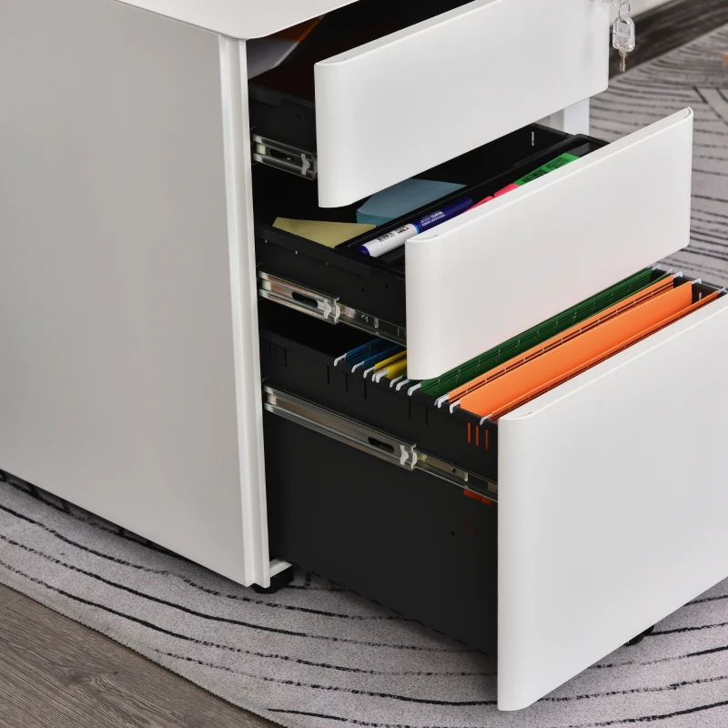 Vinsetto rolcontainer, mobiele archiefkast met 3 lades, kantoorkast, opslag, staal, wit, 39 x 48 x 59 cm