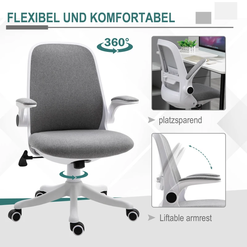 Vinsetto Ergonomische Bureaustoel Draaistoel met Schommelfunctie, Verstelbare Armleuning, Hoogteverstelling, Linnen Look Nylon Grijs+Wit 62,5 x 60 x 94-104 cm