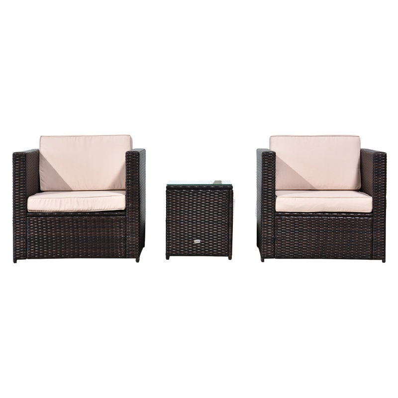Outsunny 3 Pcs Rattan Sofa Furniture Set W/Cushions, Steel Frame-Brown