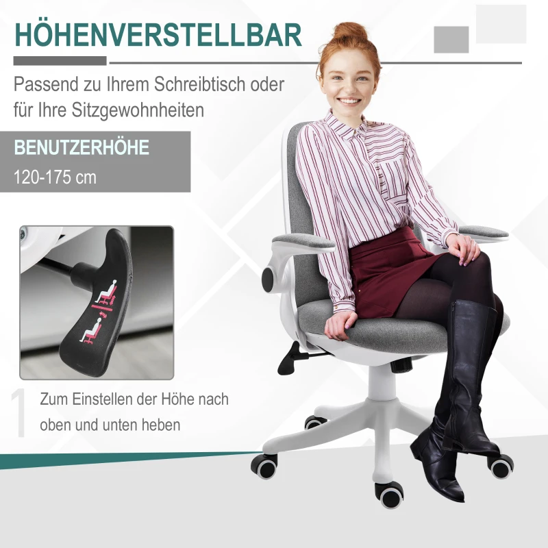 Vinsetto Ergonomische Bureaustoel Draaistoel met Schommelfunctie, Verstelbare Armleuning, Hoogteverstelling, Linnen Look Nylon Grijs+Wit 62,5 x 60 x 94-104 cm