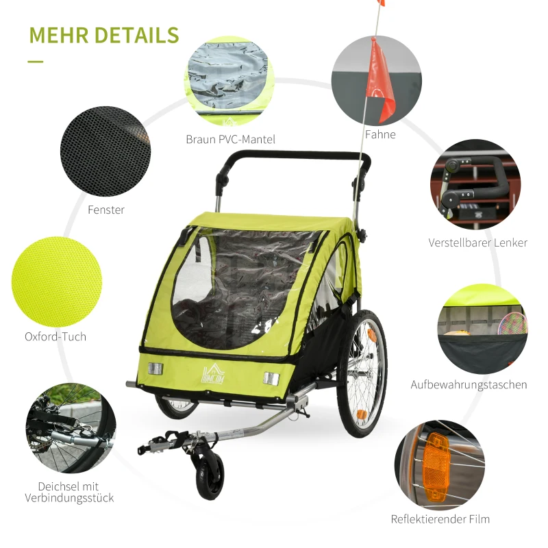 HOMCOM 2-in-1 kinderaanhanger fietskar kinderwagen met opbergtas tweelaags stalen buis metaal oxford groen + zwart 160 x 84 x 106 cm