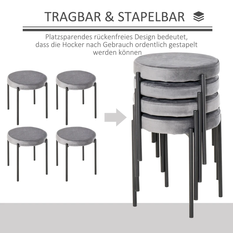 HOMCOM set van 4 eetkamer krukken stapelbaar kruk keuken kruk barkruk fluwelen touch moderne keuken eetkamer polyester staal grijs 41,5 x 41,5 x 46 cm
