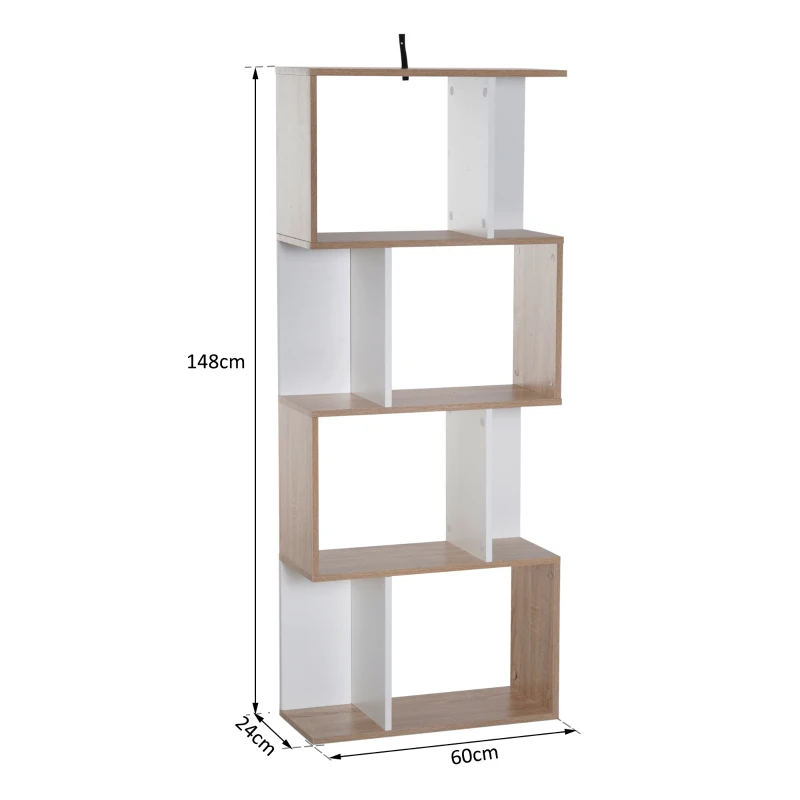 HOMCOM boekenplank S-vormige staande kast opbergkast kast met 4 niveaus bevestigingsonderdeel moderne scheidingswand spaanplaat natuurlijk hout + wit 60 x 24 x 148 cm