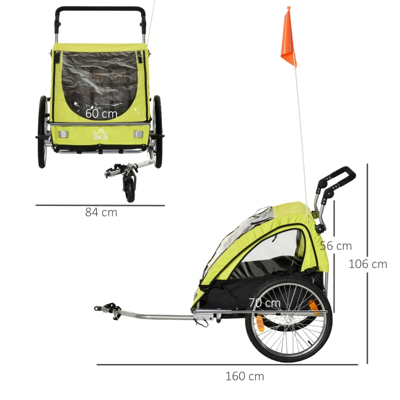 HOMCOM 2-in-1 kinderaanhanger fietskar kinderwagen met opbergtas tweelaags stalen buis metaal oxford groen + zwart 160 x 84 x 106 cm