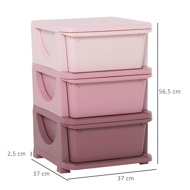 HOMCOM kinderzitbank met opbergruimte kistbank speelgoedkist met schuiflades drie niveausSpeelgoedopbergbox voor de kinderkamer 3-6 jaar kindermeubel roze 37 x 37 x 56,5 cm