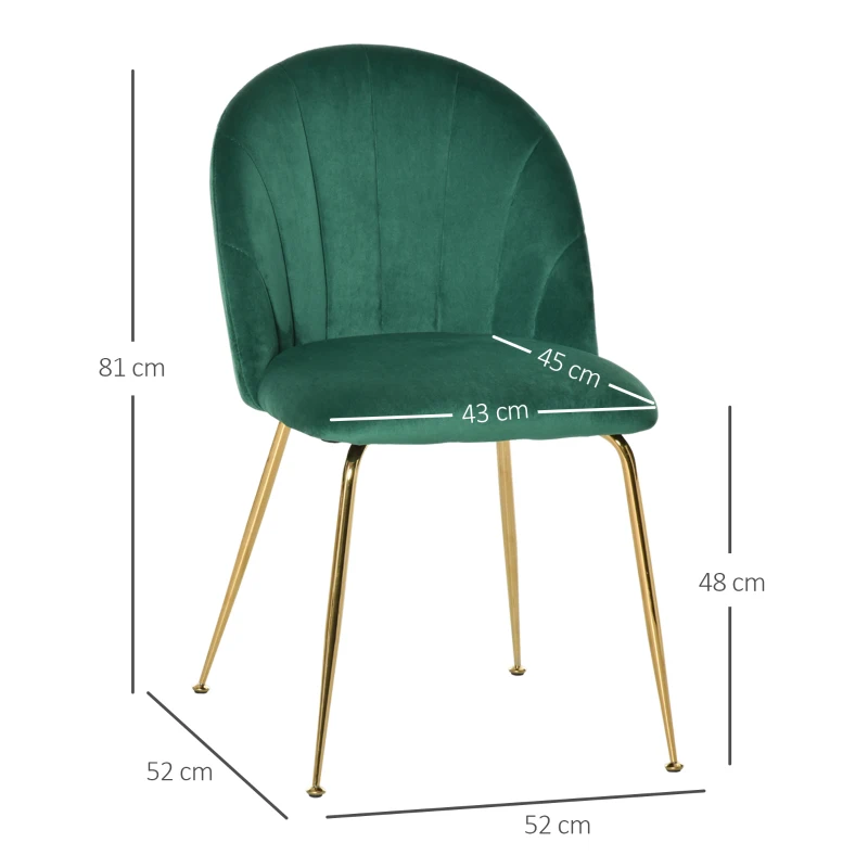 HOMCOM set van 2 keukenstoelen eetkamerstoelen met rugleuning polyester stof metalen poten groen + goud 52 x 52 x 81 cm