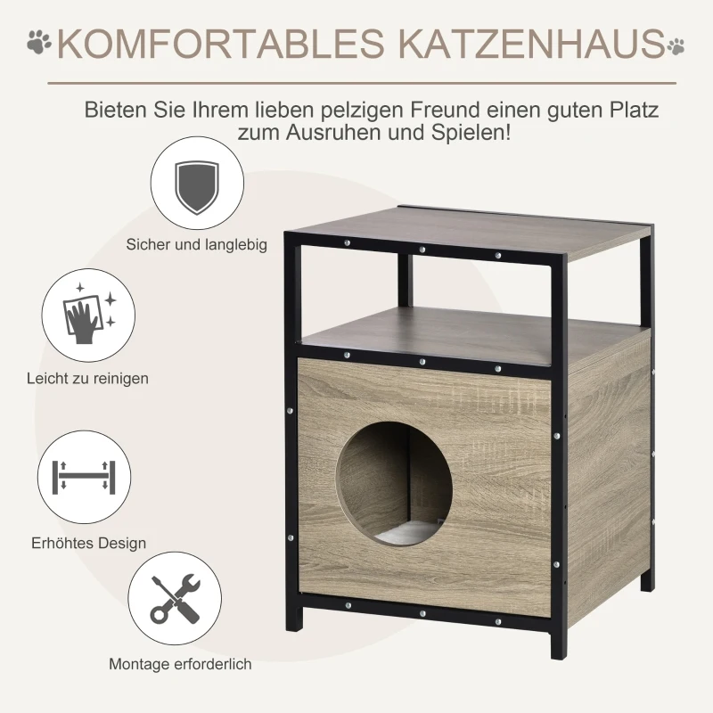 PawHut kattenhuis met deur kattenkast kattengrot kattenbak bijzettafel wasbaar kussen grijs spaanplaat metaal pluche 48 x 40 x 64,5 cm