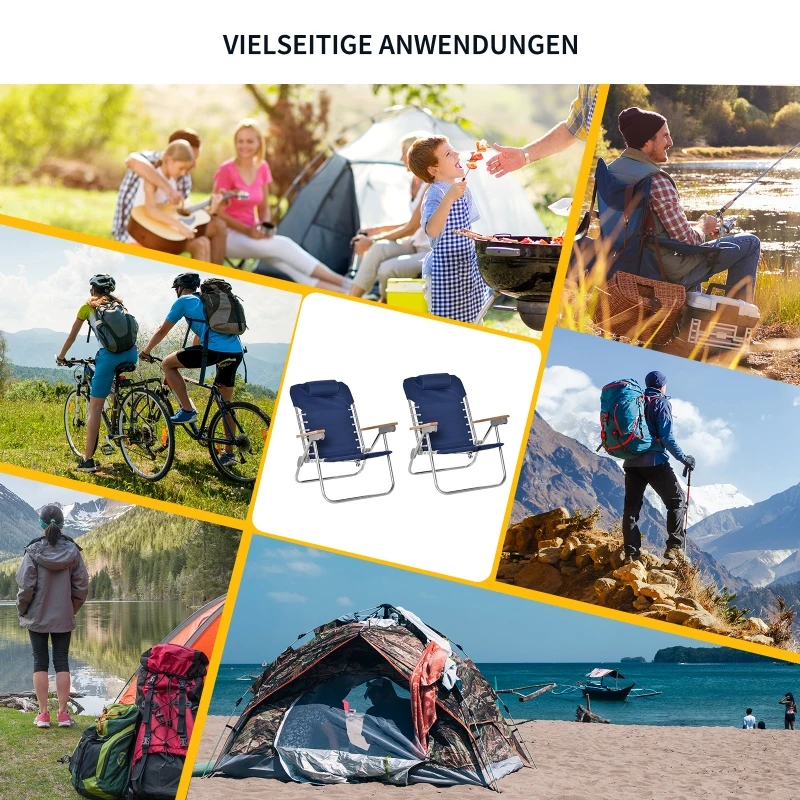 Outsunny set van 2 campingstoel klapstoel tuinstoel met armleuningen strand balkon inklapbaar metaal oxford stof blauw 69 x 62 x 73,5 cm