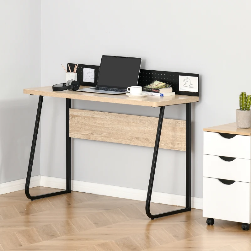 HOMCOM schrijftafel bureau computerbureau met prikbord kabeldoorvoer gat voor notities pendant spaanplaat metaal naturel hout + zwart 110 x 48 x 90 cm