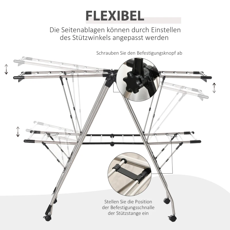 HOMCOM kledingrek wasrek wasdroger staande droger inklapbaar grote droogruimte rvs 138.5x63x208cm