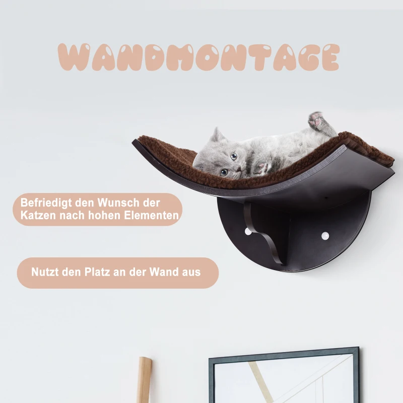 PawHut Kattenbed, kattenplank, kattenligplaats,kattenplank muur, wandmontage, pluchen bekleding MDF bruin