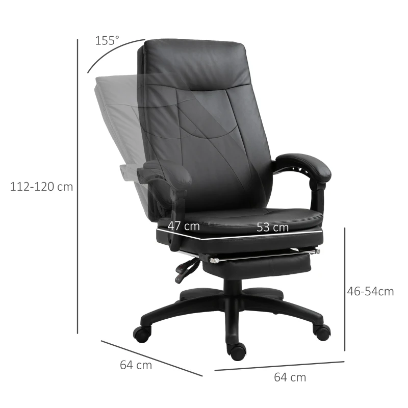 Vinsetto ergonomische bureaustoel met voetensteun, directiestoel, gestoffeerde rugleuning, zwart, 64 x 64 x 112-120 cm