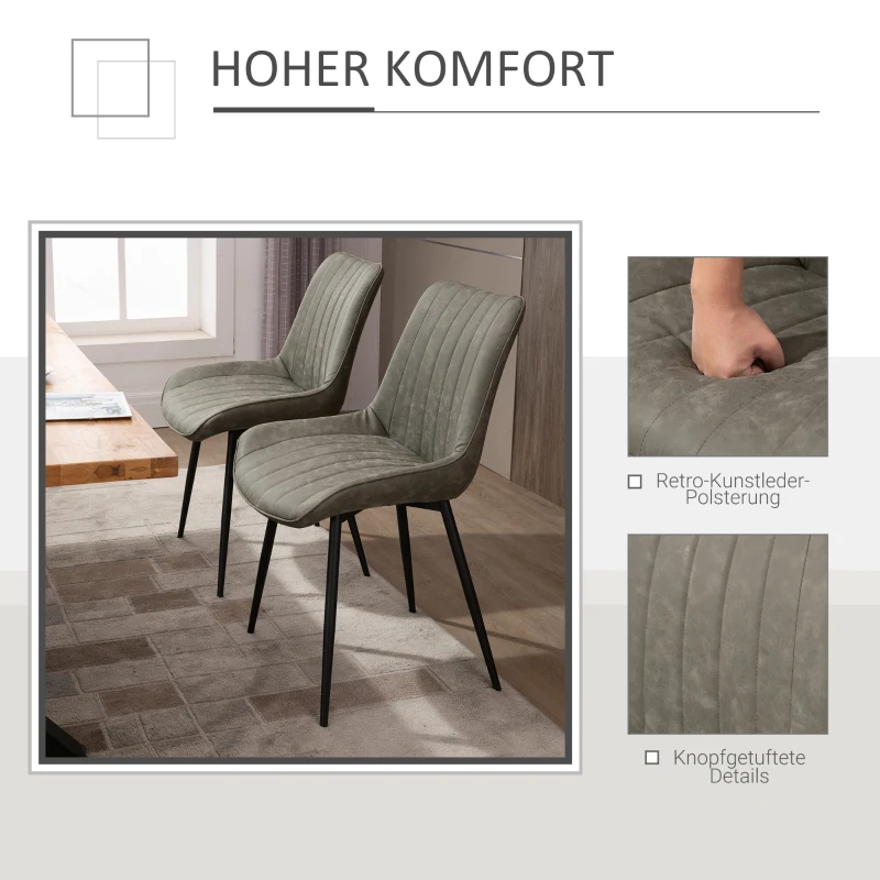 HOMCOM 2-delige set eetkamerstoel keukenstoel met rugleuning metalen poten retro-stijl kunstleer staal grijs 53 x 62 x 88 cm