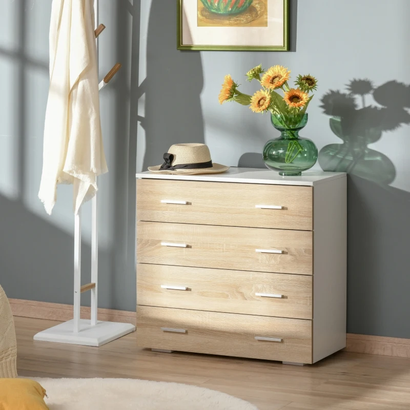 HOMCOM commode met 4 schuiflades badkamerkast commode voor slaapkamer woonkamer eiken wit 76 x 35 x 72 cm