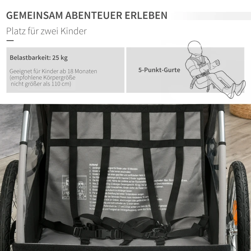 HOMCOM 2 in 1 kinderaanhanger fietsaanhanger kinderwagen met opbergtas tweelaags stalen buis nesting metaal oxford grijs + zwart 160 x 84 x 106 cm