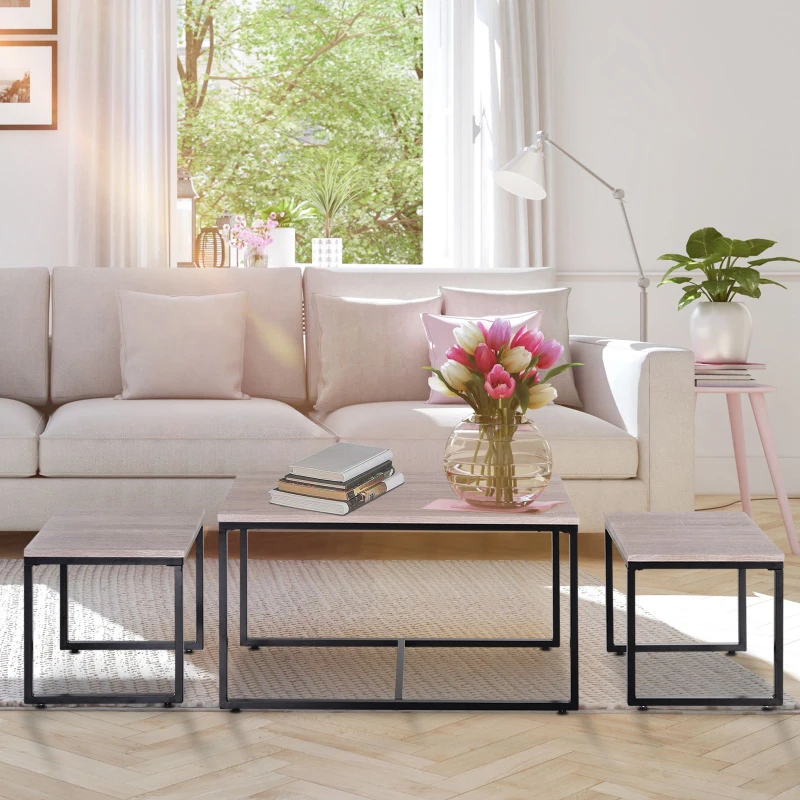 3-delige set bijzettafel salontafel nesttafel koffietafel metalen poot MDF naturel