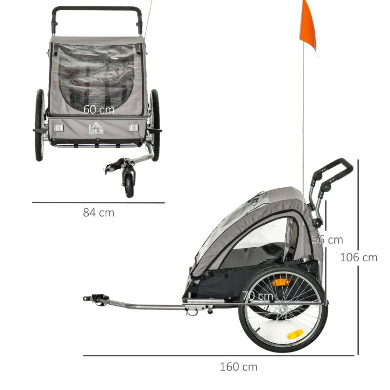 HOMCOM 2 in 1 kinderaanhanger fietsaanhanger kinderwagen met opbergtas tweelaags stalen buis nesting metaal oxford grijs + zwart 160 x 84 x 106 cm