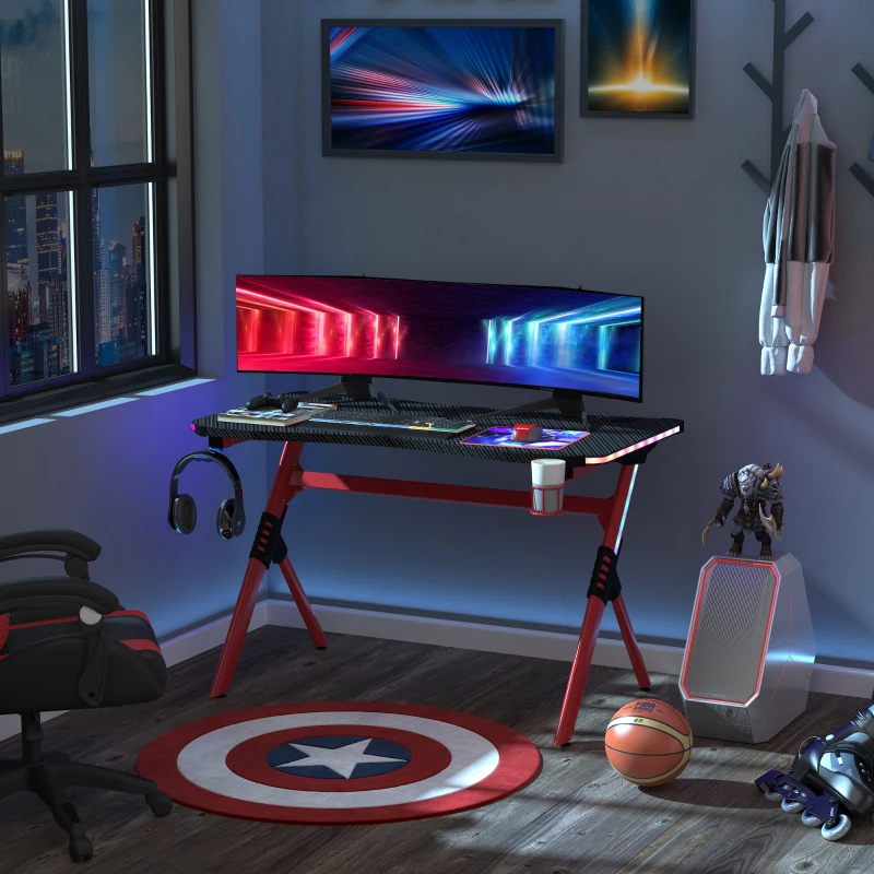 HOMCOM Gaming Computer Desk, with RGB LED Lights Racing Style Gaming Table with Cup Holder, Cable Management, Red