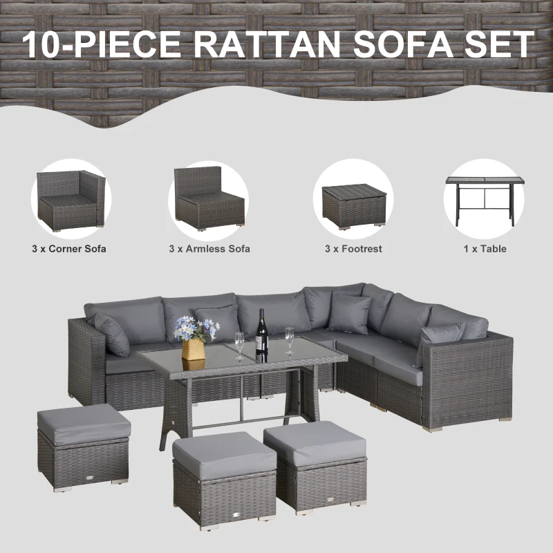 Outsunny 10 Pcs Rattan Sofa Set-Grey/Dusty Blue Cushion