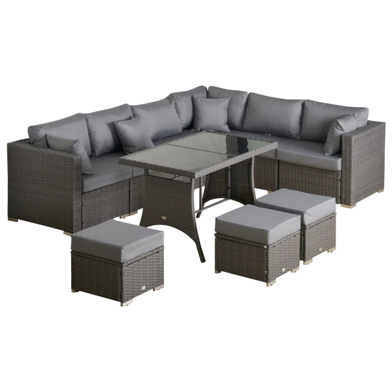 Outsunny 10 Pcs Rattan Sofa Set-Grey/Dusty Blue Cushion