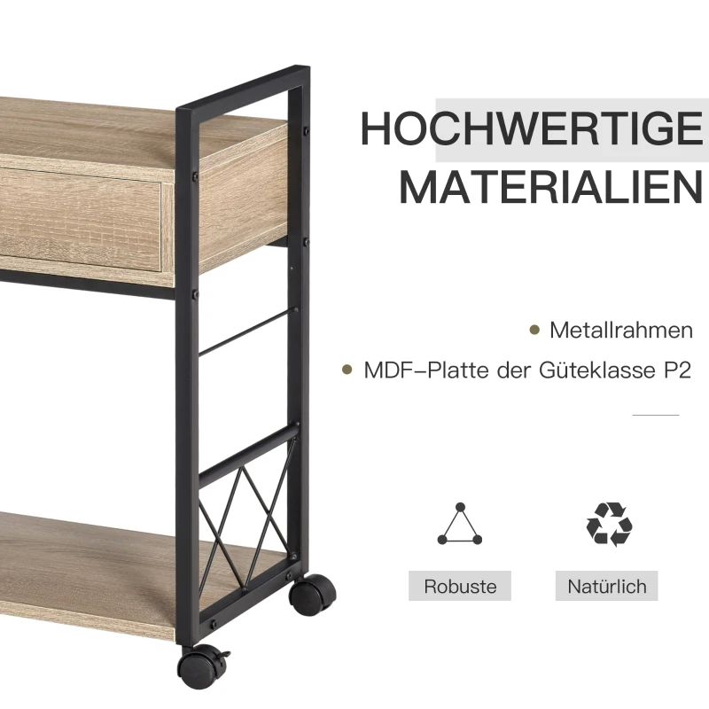 HOMCOM bijzettafel serveerwagen met wielen keukenwagen koffietafel met lade, verplaatsbaar dressoir Spaanplaat naturel 60 x 30 x 65 cm
