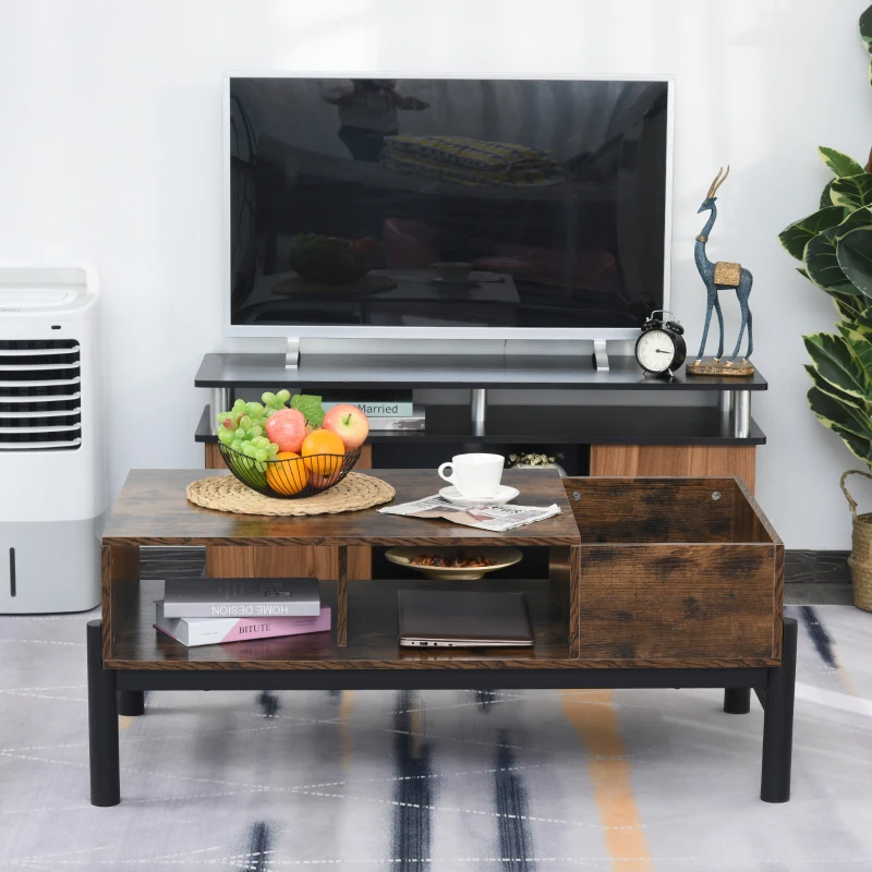 HOMCOM salontafel bijzettafel koffietafel tafelblad woonkamer tafel open behuizing opbergvak stijlvol spaanplaat metaal bruin + zwart 118x60x47cm