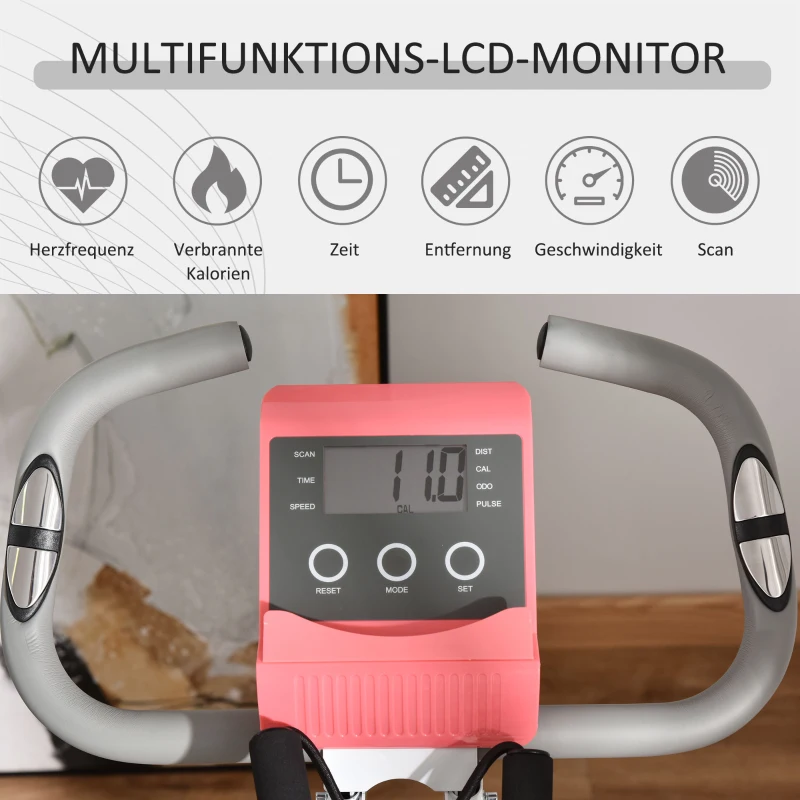 HOMCOM hometrainer 2-in-1 fietstrainer LCD display inklapbare hometrainer hometrainer met 8 niveaus instelbare magnetische weerstand en 1 paar spankoorden staal roze + wit 97 x 51 x 115 cm