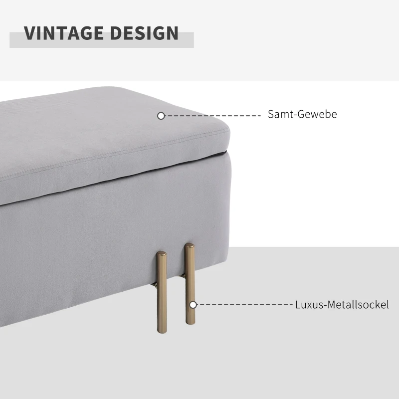 HOMCOM zitbank, gepolsterde bank met opbergruimte, kist, stof, metaal, schuimstof,lichtgrijs, 100 x 40 x 42 cm