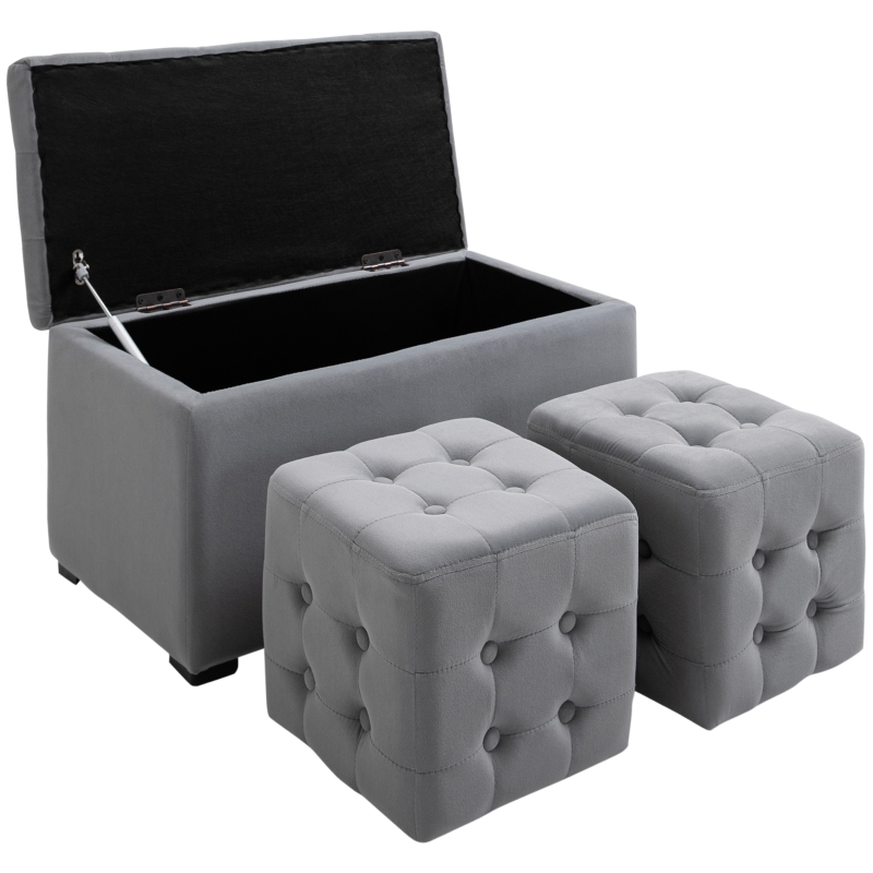 HOMCOM 3 tlg. Sitzbank mit Stauraum 2 x Sitzhocker Polster Schaumstoff Grau