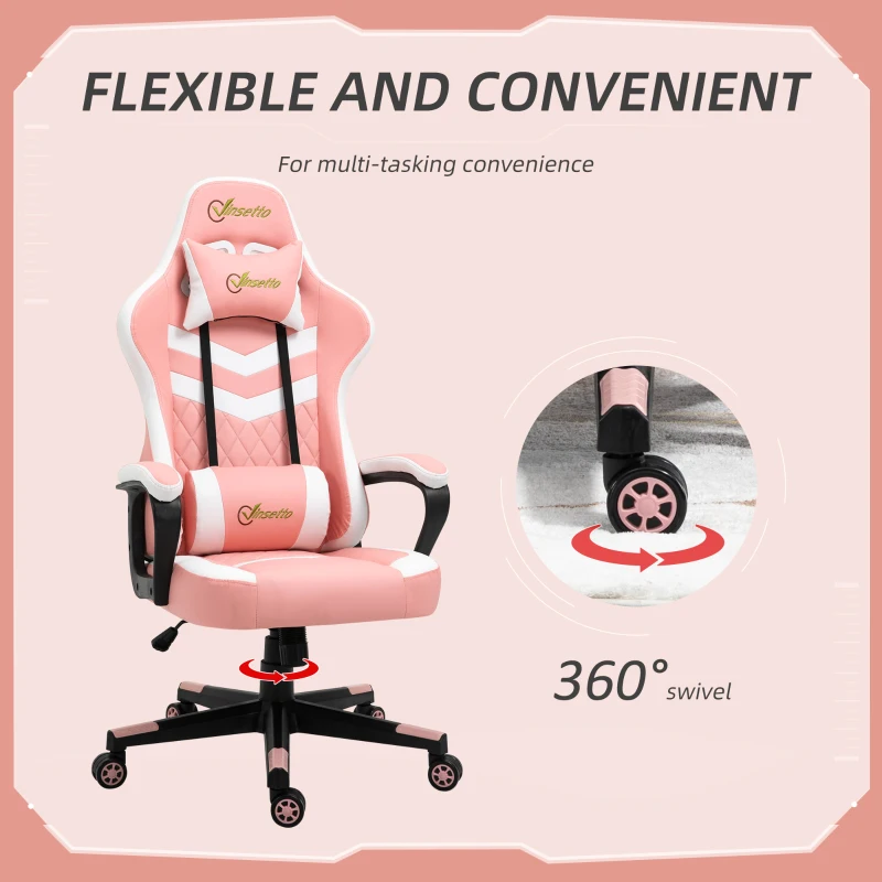 Vinsetto Pink Gaming Chair, Ergonomic with Lumbar Support, Headrest, Swivel Wheel, PVC Leather Gamer Desk Chair for Home Office