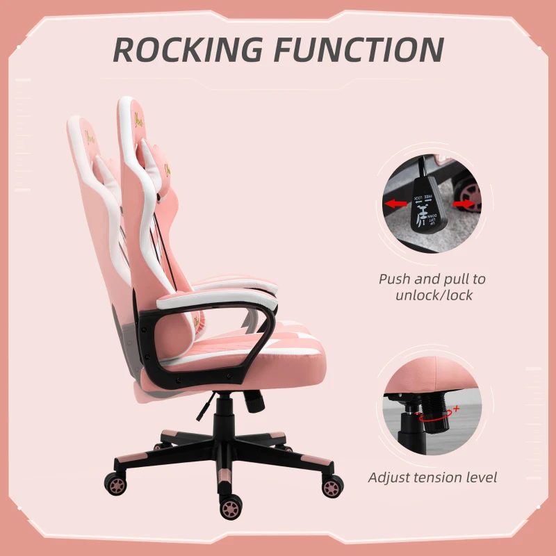 Vinsetto Pink Gaming Chair, Ergonomic with Lumbar Support, Headrest, Swivel Wheel, PVC Leather Gamer Desk Chair for Home Office
