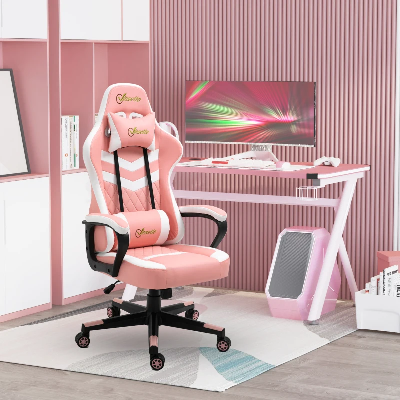 Vinsetto Pink Gaming Chair, Ergonomic with Lumbar Support, Headrest, Swivel Wheel, PVC Leather Gamer Desk Chair for Home Office